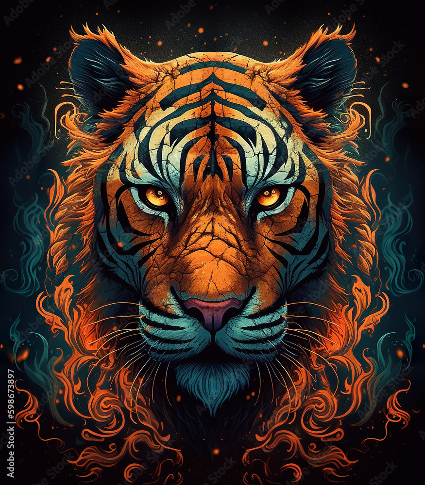 A tiger head with flames in the background. AI generative.