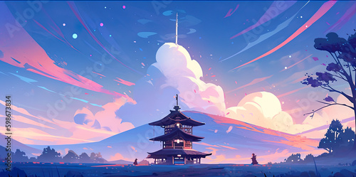 A painting of a pagoda in the middle of a field. AI generative.