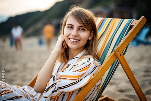 Woman sitting on deck chair at summer beach, Happy smiling (Ai generated)