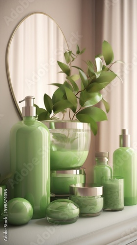 Beauty and care with glass jars and bottles with green liquids and creams in corner of lighted room in front of mirror. Generative AI Generative AI
