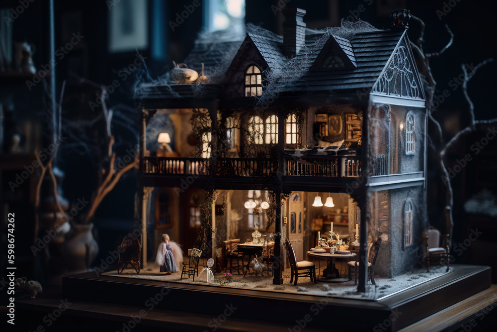 A miniature doll house is on a table. AI generative. A miniature doll house is on a table. AI generative.