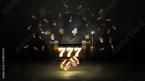 Black neon slot machine, black playing cards, dice and poker chips on dark background