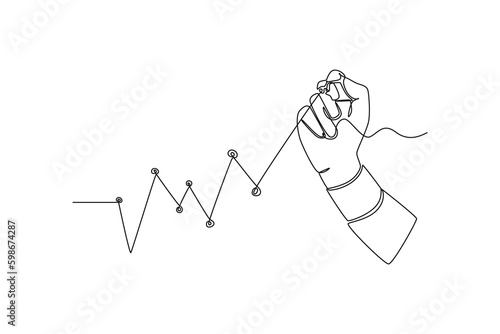 Single one line drawing  hands touch the chart's highest point in sales. Success business concept. Continuous line draw design graphic vector illustration.