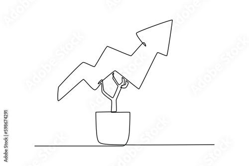 Single one line drawing arrow up in plant. Success business concept. Continuous line draw design graphic vector illustration.