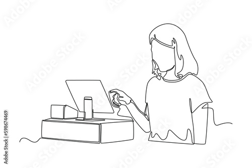 Continuous one line drawing female cashier. Business activity concept in market. Single line draw design vector graphic illustration.