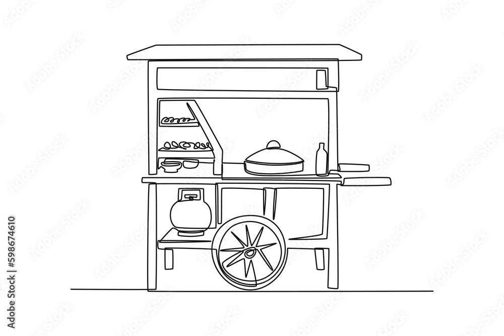 Continuous one line drawing Indonesian meatball cart. Business activity