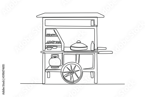 Continuous one line drawing Indonesian meatball cart. Business activity concept in market. Single line draw design vector graphic illustration.
