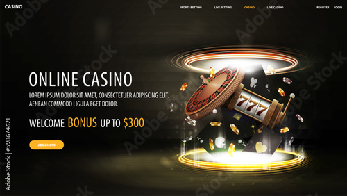 Online casino, black web banner with offer, playing cards, casino roulette, slot machine and poker chips inside gold portal