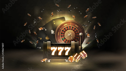 Poster with black neon slot machine, black playing cards, Roulette, dice and poker chips in fog on dark background