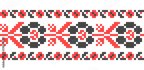 Ukrainian embroidery pattern in red and black colors. Vector ornament, border, pattern. Ukrainian folk, ethnic floral embroidery. Pixel art, vyshyvanka, cross stitch