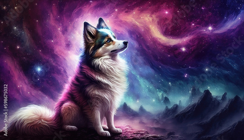 a cute lovely and adorable dog sitting in a majestic epic scifi illustration, generative ai technology