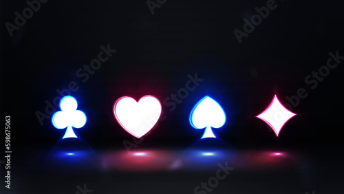 Neon 3D colored symbols deck of cards on black background. Card suits, poker, blackjack, neon icons. Glowing casino signboard.