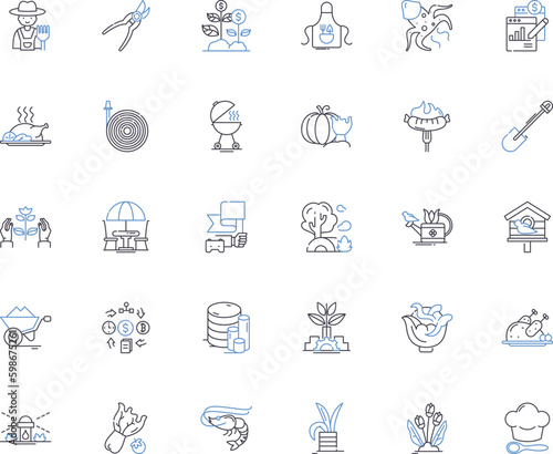 Meat factory line icons collection. Slaughterhouse, Butchery, Processing, Packing, Trimming, Cutting, Grinding vector and linear illustration. Curing,Smoking,Packaging outline signs set Generative AI
