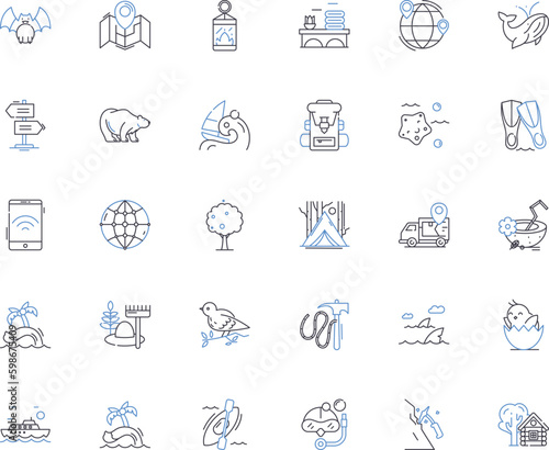 Mountain hike line icons collection. Trek, Summit, Ascent, Altitude, Backpack, Trail, Scenic vector and linear illustration. Challenge,Adventure,Wilderness outline signs set Generative AI