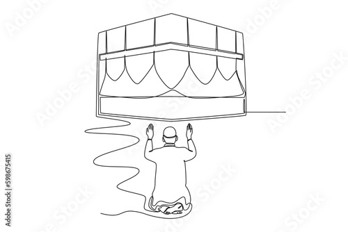 Continuous one line drawing muslim wearing white traditional clothes pray on kaabah. Hajj and umrah concept. Single line draw design vector graphic illustration.