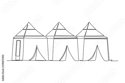 Continuous one line drawing tents area. Hajj and umrah concept. Single line draw design vector graphic illustration.