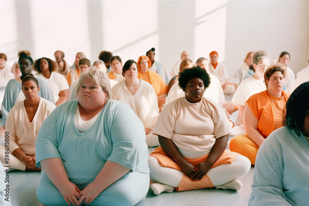 Fototapeta premium Yoga, meditation lesson. Group of diverse curvy, plus size, active, big, chubby people follow teacher's instructions. AI generative illustration.