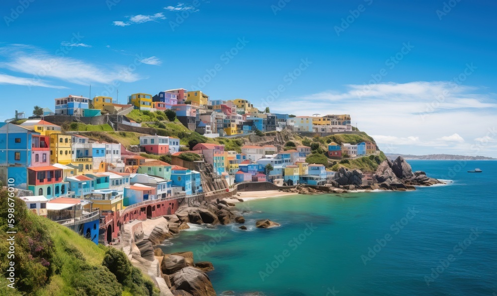  a colorful village on a cliff overlooking the ocean with a boat in the water.  generative ai