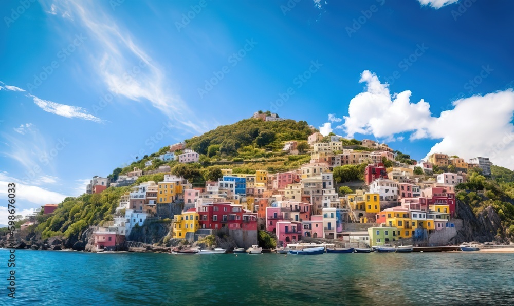  a colorful village on a hill above the ocean with a boat in the water.  generative ai