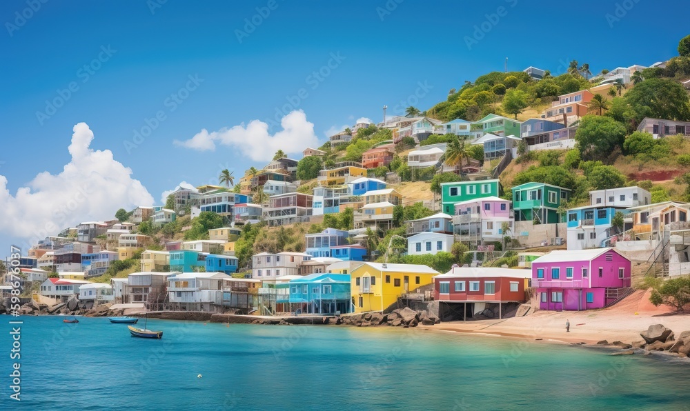  colorful houses on a hill overlooking the ocean with a boat in the water.  generative ai
