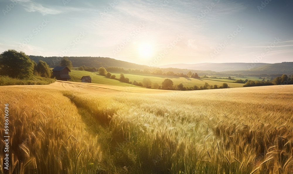 a field of wheat with a house in the distance in the distance. generative ai a field of wheat with a house in the distance in the distance. generative ai