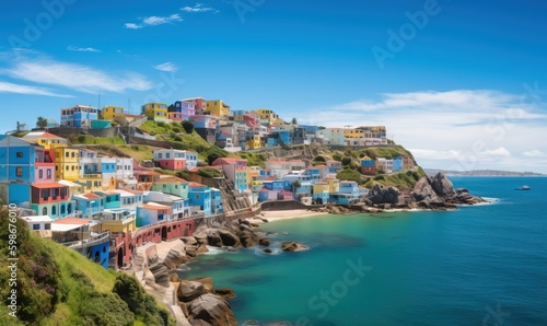  a colorful village on a cliff overlooking the ocean with a boat in the water. generative ai