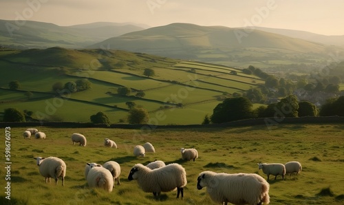  a herd of sheep standing on top of a lush green field. generative ai