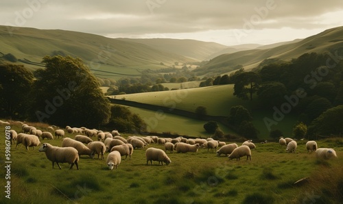  a herd of sheep grazing on a lush green hillside side.  generative ai