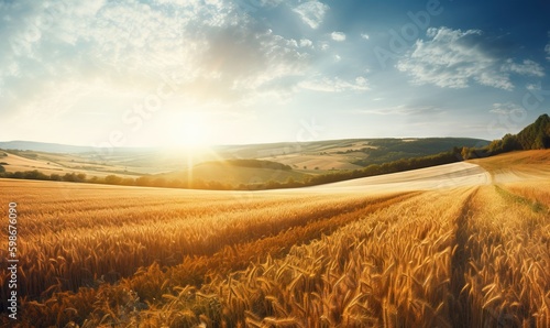  a field of wheat with the sun shining through the clouds. generative ai