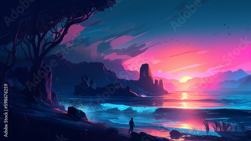 Beach Digital Painting synthwave style bright neon colors sunset wave Generative AI © Dan