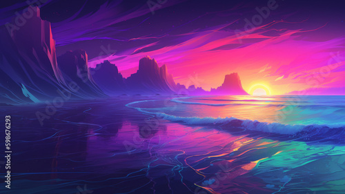 Beach Digital Painting synthwave style bright neon colors sunset wave Generative AI