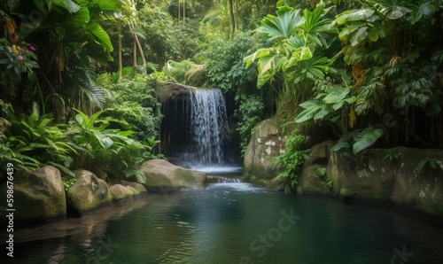  a waterfall in the middle of a jungle with a pool of water. generative ai
