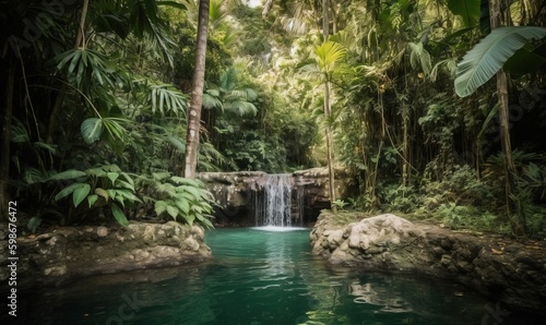  a small waterfall in a tropical forest with a pool of water.  generative ai