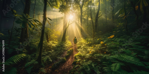 Solo traveler trekking through a dense forest  with rays of sunlight piercing through the leaves to create a magical atmosphere. Generative AI