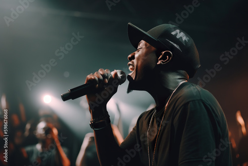 African rapper on stage rap, dynamic pose, hero angle, AI generative illustration photo