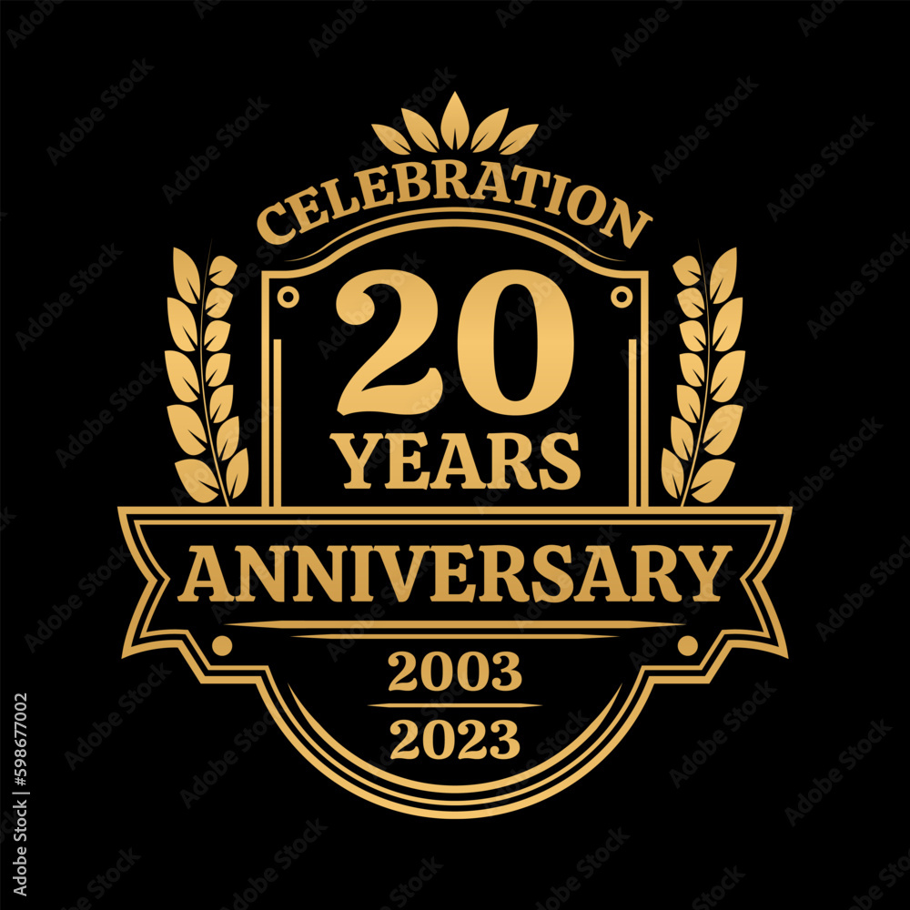 20 years anniversary icon or logo. Vintage birthday banner design. 20th anniversary jubilee celebration badge or label. Vector illustration. - obrazy, fototapety, plakaty 