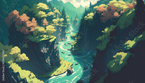 a beautiful anime inspired place on earth, peaceful with a river, generative ai technology