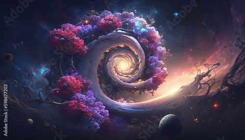 a black hole which is eating all the plants in space, fantasy artwork, generative ai technology