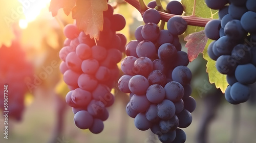 Closeup purple grapes hanging from vine in sunlit background.