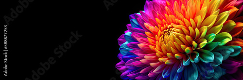 Rainbow Flower Poster on black background. Stunning 3D Rainbow Flower  A Vibrant Splash of Colors to Energize.  Generative AI.