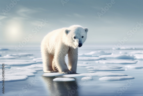 Polar bear on small melting ice float in ocean. Climate change concept. Generative AI illustration