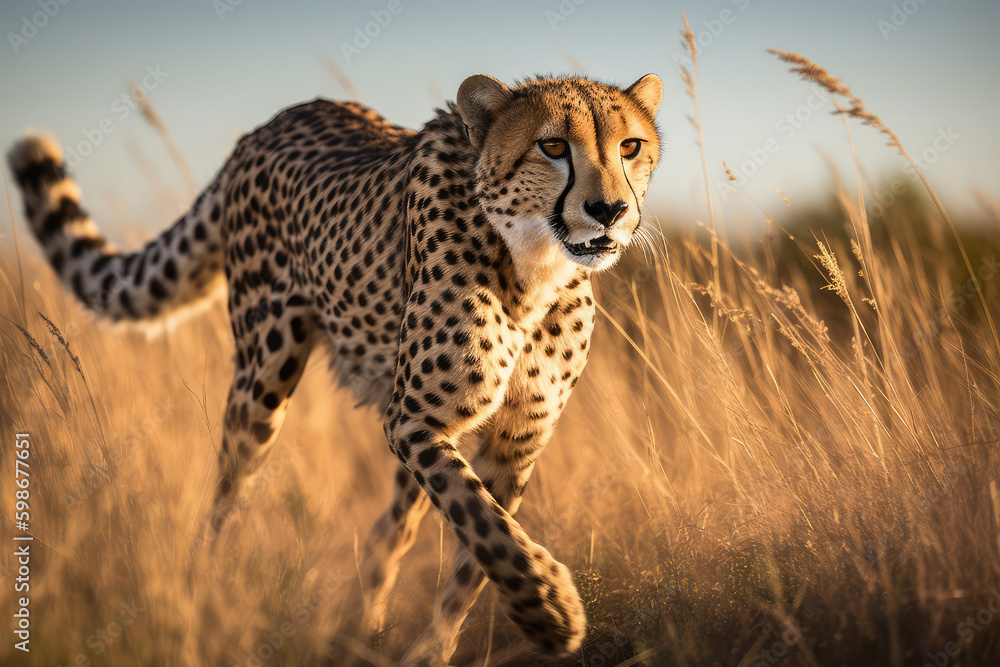 Cheetah running through a sun-kissed grassland Cheetah running through a sun-kissed grassland