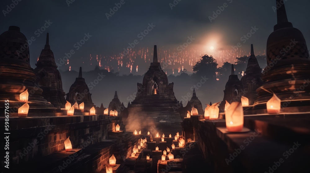 Vesak day in Borobudur temple and light a lampion