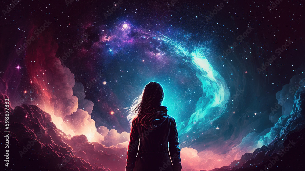 a woman is standing in front of the big galaxy, shining sky, generative ai technology a woman is standing in front of the big galaxy, shining sky, generative ai technology