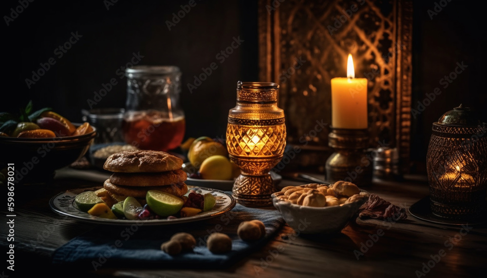 Rustic table, candle flame, gourmet meal, fresh bread generated by AI