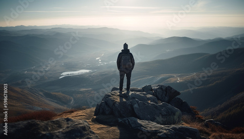 Standing on mountain peak, backpacker achieves success generated by AI © djvstock
