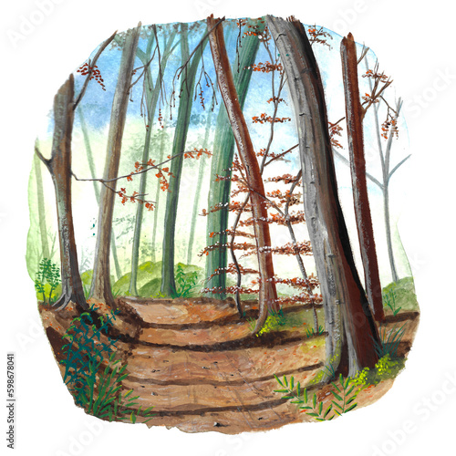 Hand painted forest with gouache isolated on white background