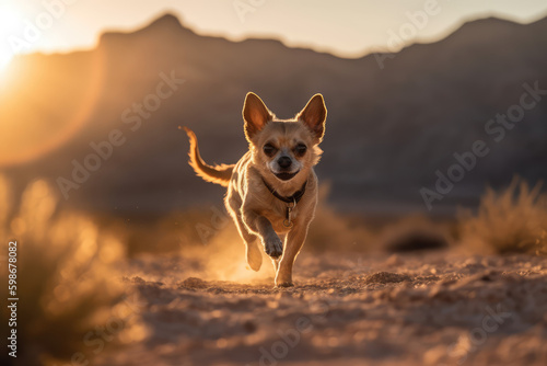 Running Wild. Spirited Chihuahua Embarks on an Adventurous Sprint across the Sun-Kissed Desert, Framed by Majestic Mountains. AI Generative