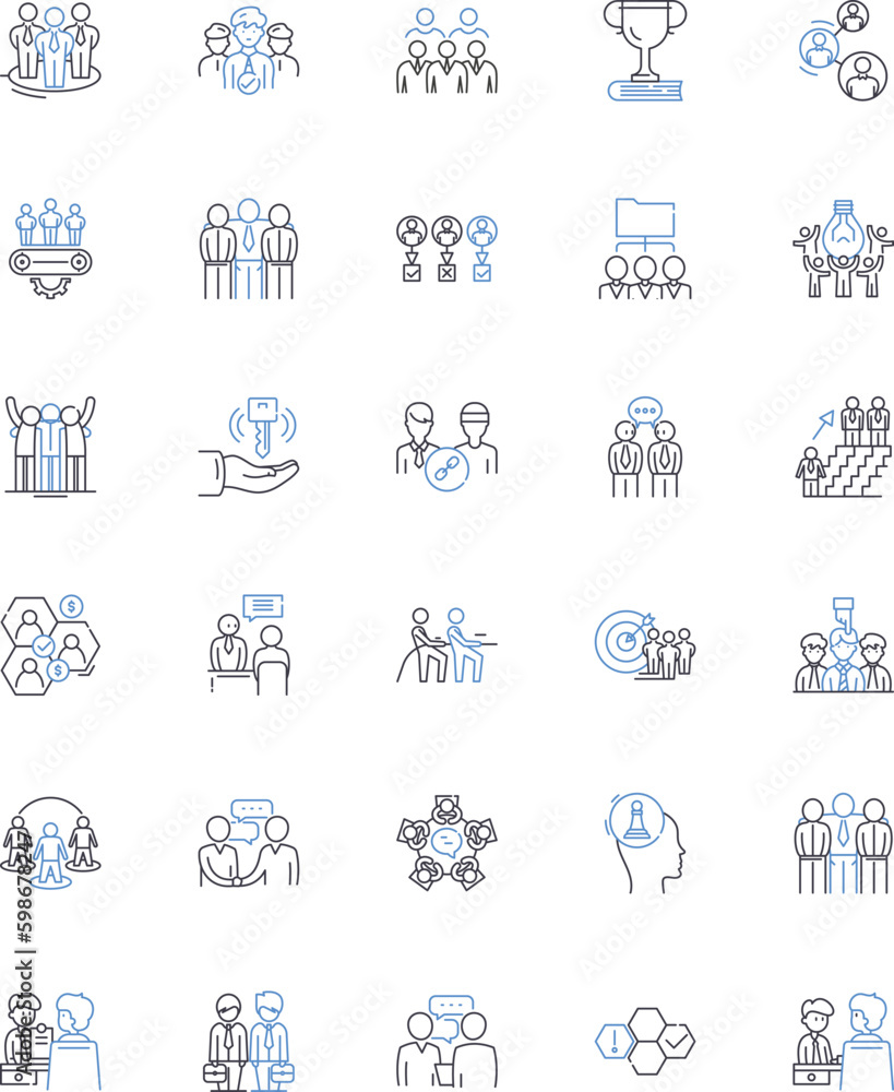 Group activities line icons collection. Bonding, Collaboration, Problem-solving, Teamwork, Trust-building, Communication, Encouragement vector and linear illustration. Generative AI Group activities line icons collection. Bonding, Collaboration, Problem-solving, Teamwork, Trust-building, Communication, Encouragement vector and linear illustration. Generative AI