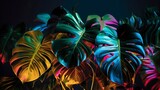 Numerous Monstera green leaves, or Monstera Deliciosa, are depicted in dark tones with a glossy, metallic, and neon appearance that emphasizes contrast and repetition